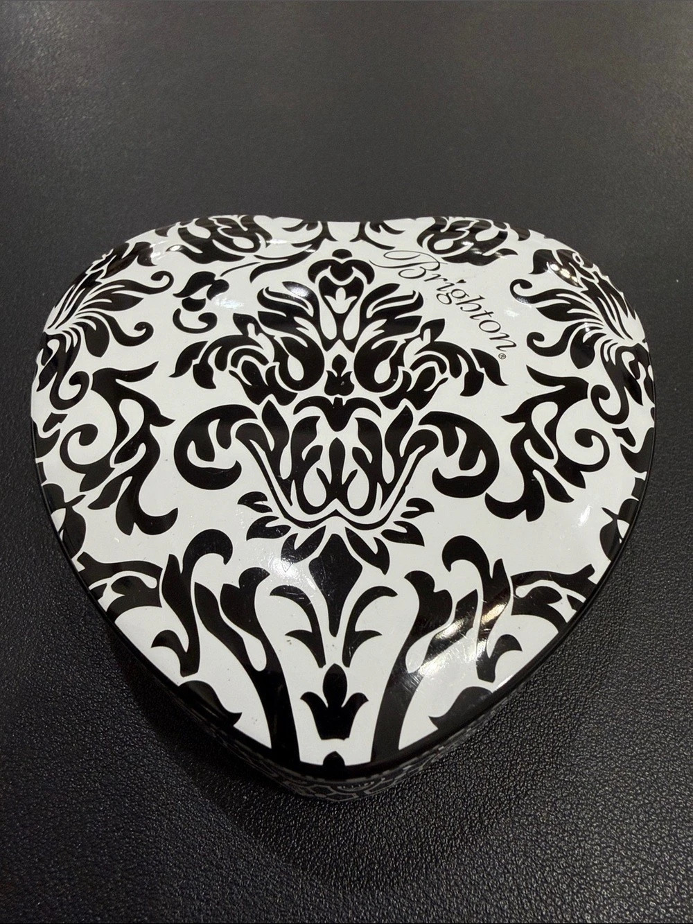 Brighton Heart Shaped Jewelry Tin Cosmetic Case Black & White